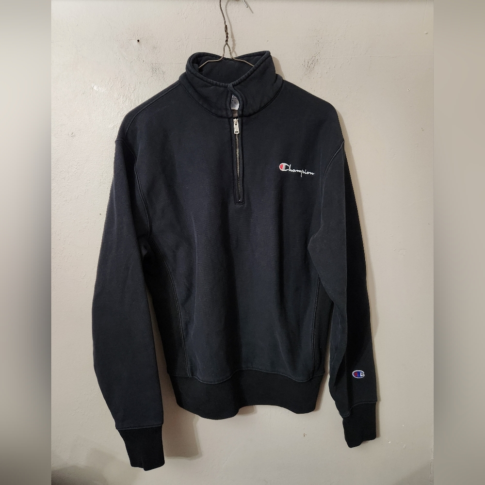 Champion Reverse Weave Quarter 1/4 Zip Logo Mens Size XS Black